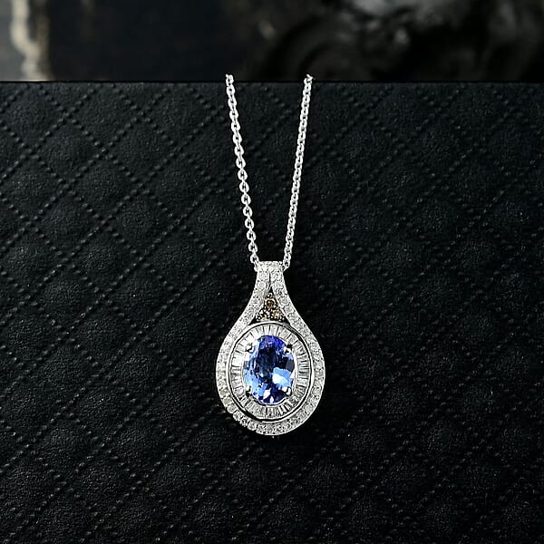 D'Joy Tanzanite Natural Champagne And White Diamond 1.65 Ctw Celestial Pendant Necklace In Rhodium Over Sterling Silver 20 Inches