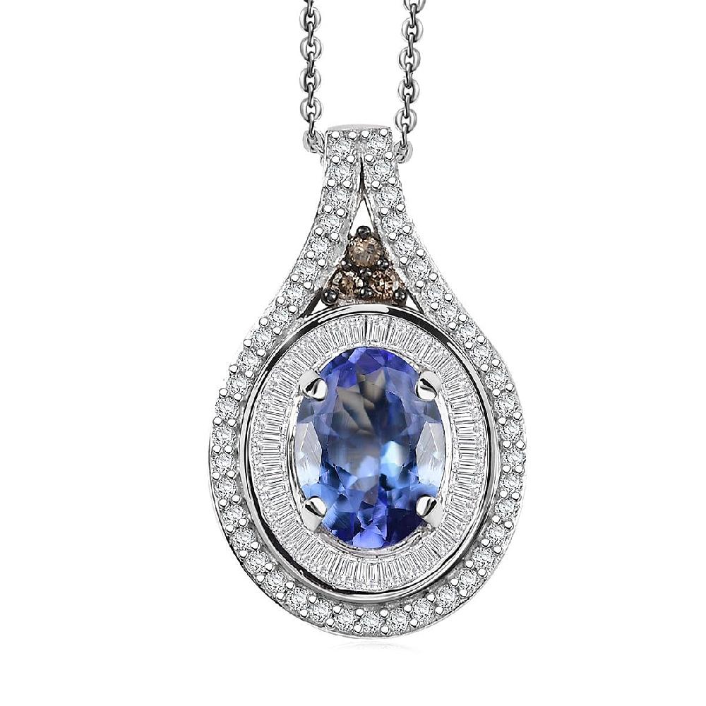 D'Joy Tanzanite Natural Champagne and White Diamond 1.65 ctw Celestial Pendant Necklace in Rhodium Over Sterling Silver 20 Inches