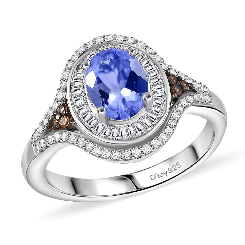 D'Joy Tanzanite Natural Champagne and White Diamond 1.75 ctw Celestial Ring in Rhodium Over Sterling Silver