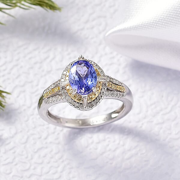 D'Joy Tanzanite Natural Yellow And White Diamond 1.50 Ctw Art Deco Ring In Rhodium Over Sterling Silver
