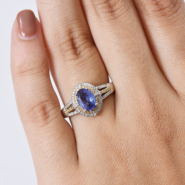 D'Joy Tanzanite Natural Yellow And White Diamond 1.50 Ctw Art Deco Ring In Rhodium Over Sterling Silver