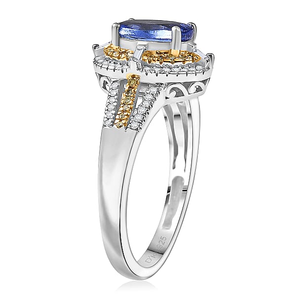 D'Joy Tanzanite Natural Yellow And White Diamond 1.50 Ctw Art Deco Ring In Rhodium Over Sterling Silver