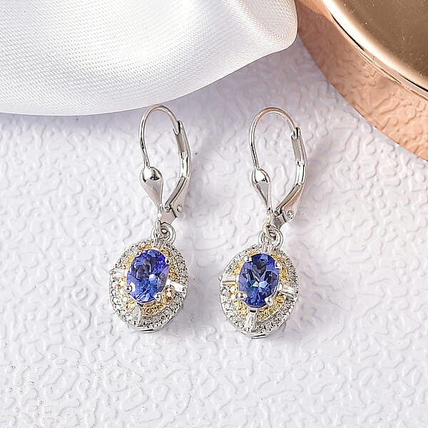 D'Joy Tanzanite Natural Yellow And White Diamond 1.90 Ctw Art Deco Earrings In Rhodium Over Sterling Silver