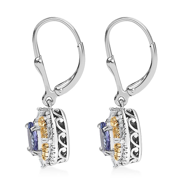 D'Joy Tanzanite Natural Yellow And White Diamond 1.90 Ctw Art Deco Earrings In Rhodium Over Sterling Silver