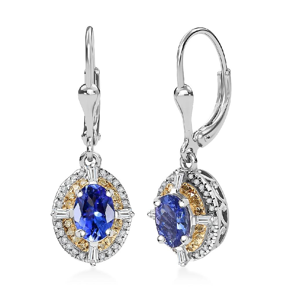D'Joy Tanzanite Natural Yellow and White Diamond 1.90 ctw Art Deco Earrings in Rhodium Over Sterling Silver