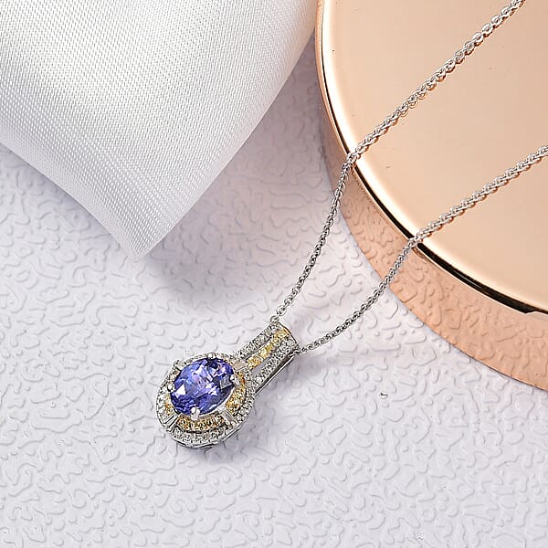 D'Joy Tanzanite Natural Yellow And White Diamond 1.50 Ctw Art Deco Pendant Necklace In Rhodium Over Sterling Silver 20 Inches