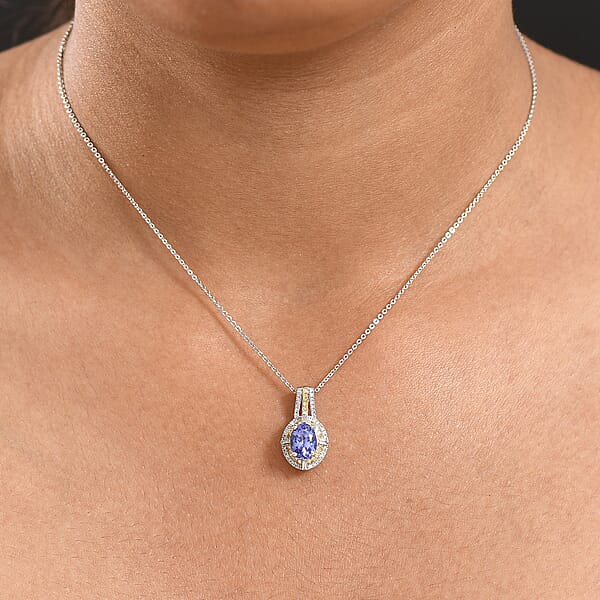 D'Joy Tanzanite Natural Yellow And White Diamond 1.50 Ctw Art Deco Pendant Necklace In Rhodium Over Sterling Silver 20 Inches