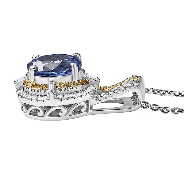 D'Joy Tanzanite Natural Yellow And White Diamond 1.50 Ctw Art Deco Pendant Necklace In Rhodium Over Sterling Silver 20 Inches