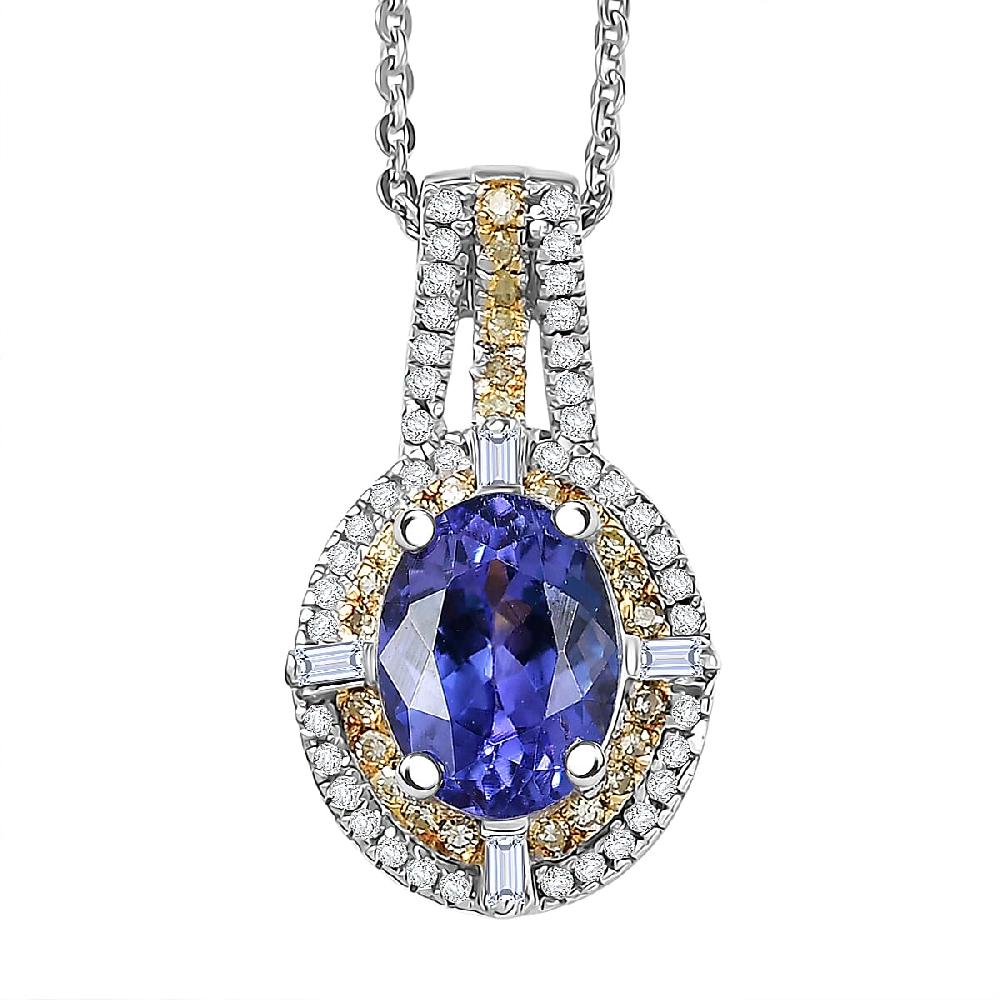 D'Joy Tanzanite Natural Yellow and White Diamond 1.50 ctw Art Deco Pendant Necklace in Rhodium Over Sterling Silver 20 Inches