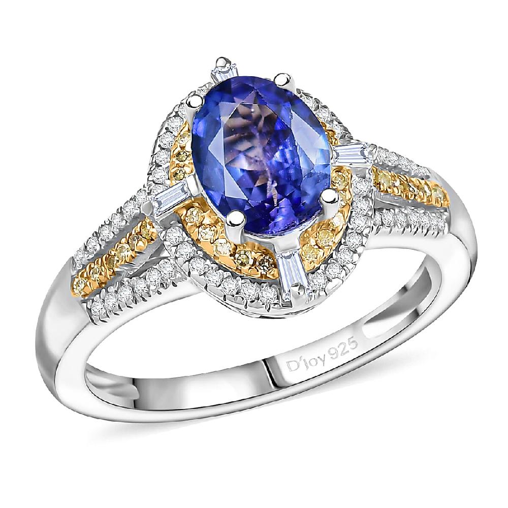 D'Joy Tanzanite Natural Yellow And White Diamond 1.50 Ctw Art Deco Ring In Rhodium Over Sterling Silver