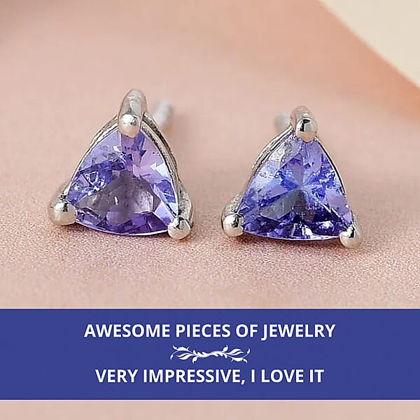 D'Joy Tanzanite Stud Earrings In Platinum Plated Sterling Silver Solitaire Studs For Women Wedding Jewelry Gifts Silver Earrings 0.65 Ctw