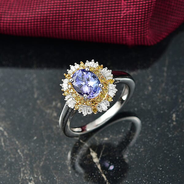 D'Joy Tanzanite Yellow And White Diamond Sunburst Ring In Rhodium Over Sterling Silver 1.50 Ctw