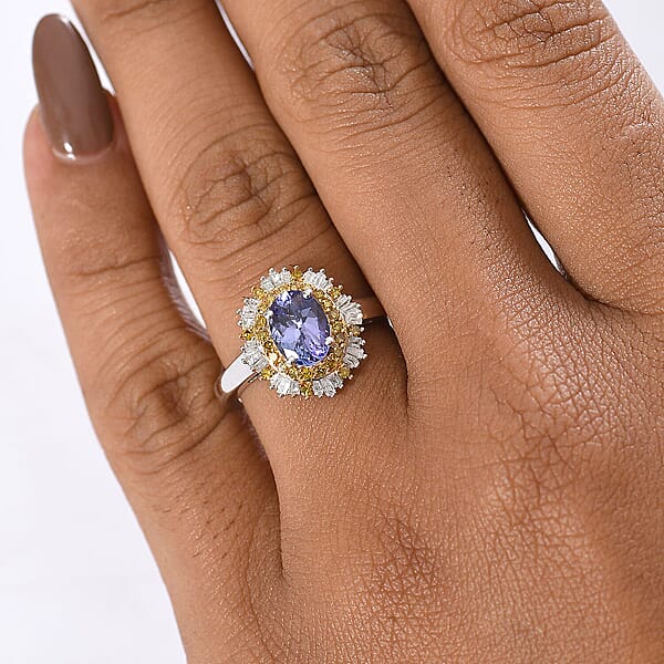 D'Joy Tanzanite Yellow And White Diamond Sunburst Ring In Rhodium Over Sterling Silver 1.50 Ctw