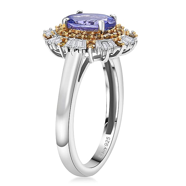 D'Joy Tanzanite Yellow And White Diamond Sunburst Ring In Rhodium Over Sterling Silver 1.50 Ctw