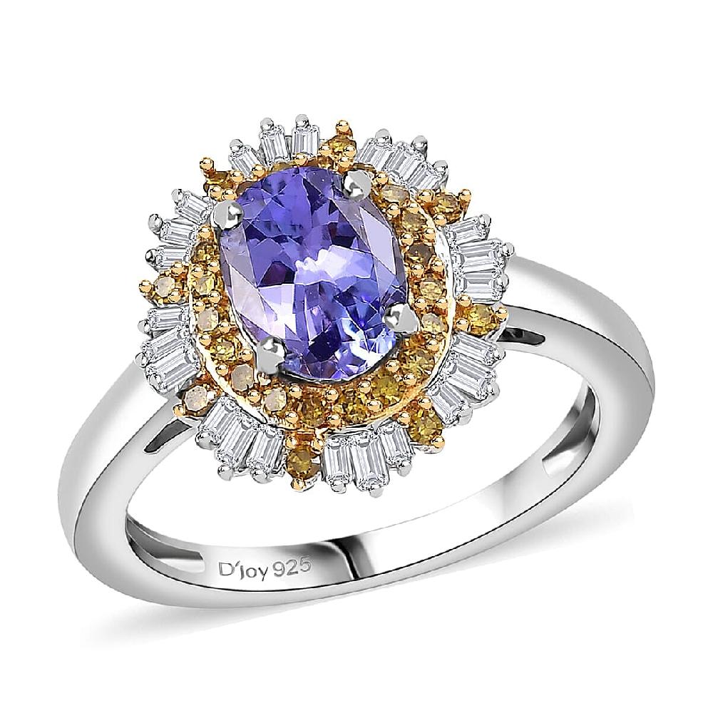 D'Joy Tanzanite Yellow and white Diamond Sunburst Ring in Rhodium Over Sterling Silver 1.50 ctw