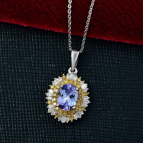 D'Joy Tanzanite Yellow Diamond And Diamond Sunburst Pendant Necklace In Rhodium Over Sterling Silver 1.70 Ctw (20 Inches)