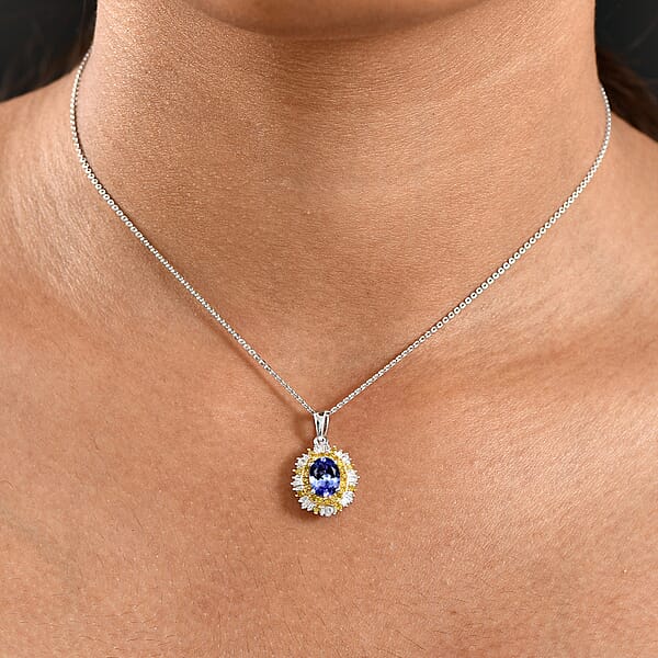 D'Joy Tanzanite Yellow Diamond And Diamond Sunburst Pendant Necklace In Rhodium Over Sterling Silver 1.70 Ctw (20 Inches)
