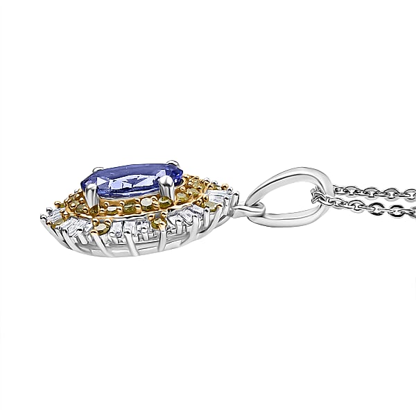 D'Joy Tanzanite Yellow Diamond And Diamond Sunburst Pendant Necklace In Rhodium Over Sterling Silver 1.70 Ctw (20 Inches)