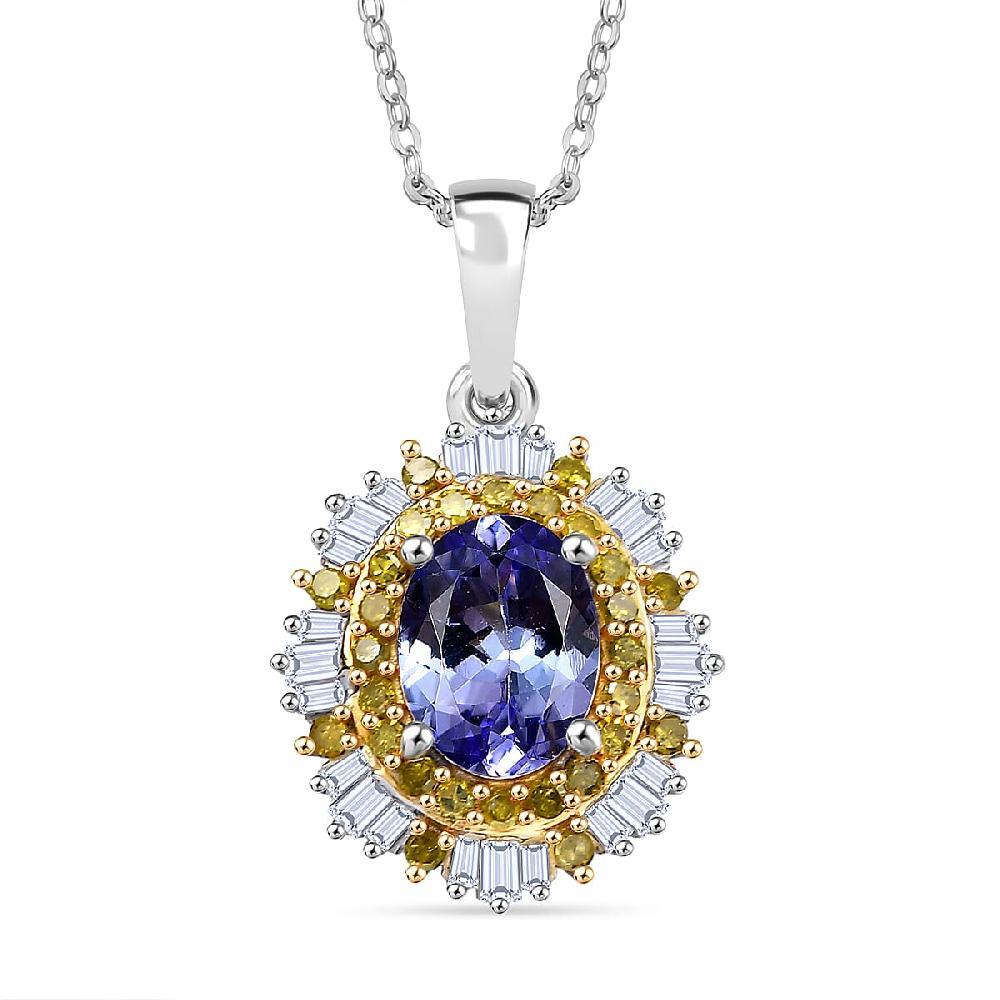 D'Joy Tanzanite Yellow Diamond and Diamond Sunburst Pendant Necklace in Rhodium Over Sterling Silver 1.70 ctw (20 Inches)