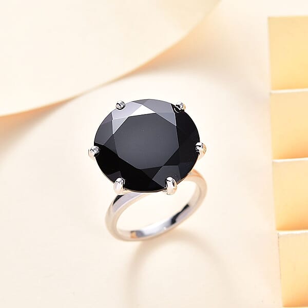 D'Joy Thai Black Spinel 25.70 Ctw Solitaire Ring In Rhodium Over Sterling Silver