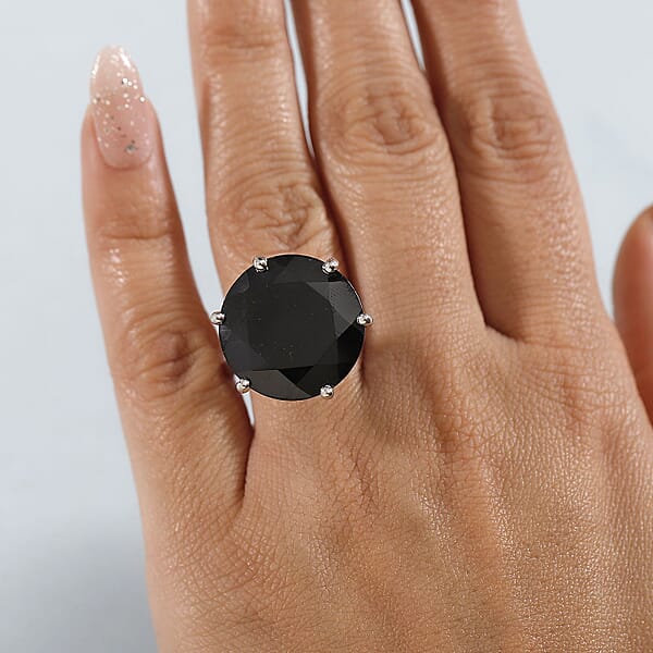 D'Joy Thai Black Spinel 25.70 Ctw Solitaire Ring In Rhodium Over Sterling Silver