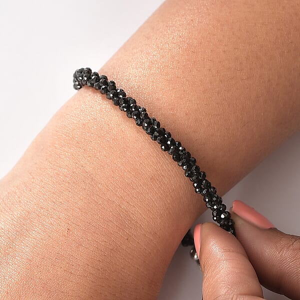 D'Joy Thai Black Spinel 27.00 Ctw Twisted Three Row Beaded Bracelet In Rhodium Over Sterling Silver (7.25 In) (Del. In 10-12 Days)