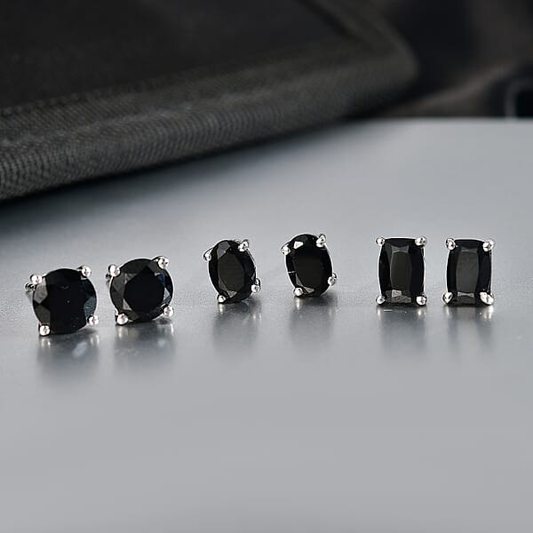D'Joy Thai Black Spinel 7.65 Ctw Set Of 3 Solitaire Stud Earrings In Rhodium Over Sterling Silver (Del. In 7-10 Days)