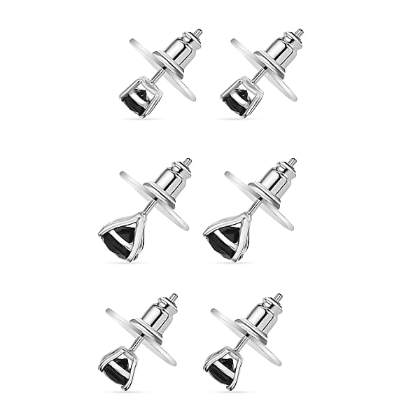 D'Joy Thai Black Spinel 7.65 Ctw Set Of 3 Solitaire Stud Earrings In Rhodium Over Sterling Silver (Del. In 7-10 Days)