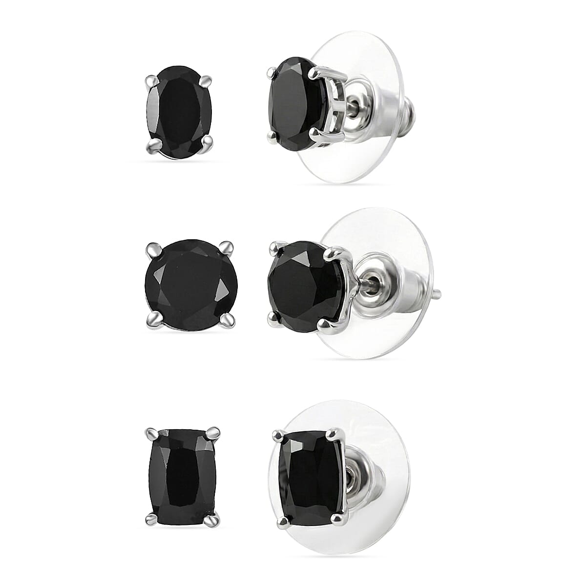 D'Joy Thai Black Spinel 7.65 ctw Set of 3 Solitaire Stud Earrings in Rhodium Over Sterling Silver (Del. in 7-10 Days)