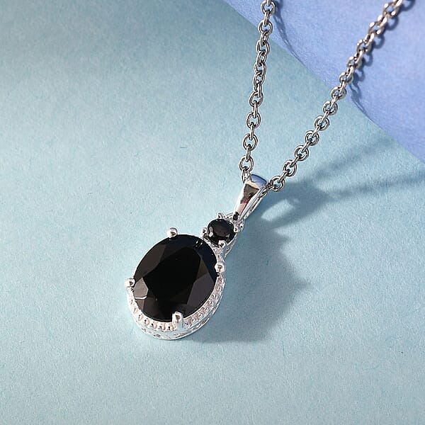D'Joy Thai Black Spinel And Simulated Black Diamond 3.50 Ctw Magnetic Clasp Pendant In Sterling Silver With Stainless Steel Necklace 20 Inches