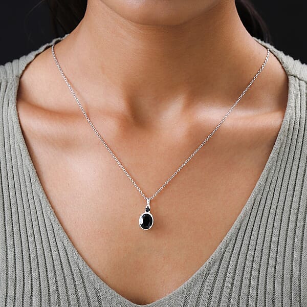 D'Joy Thai Black Spinel And Simulated Black Diamond 3.50 Ctw Magnetic Clasp Pendant In Sterling Silver With Stainless Steel Necklace 20 Inches