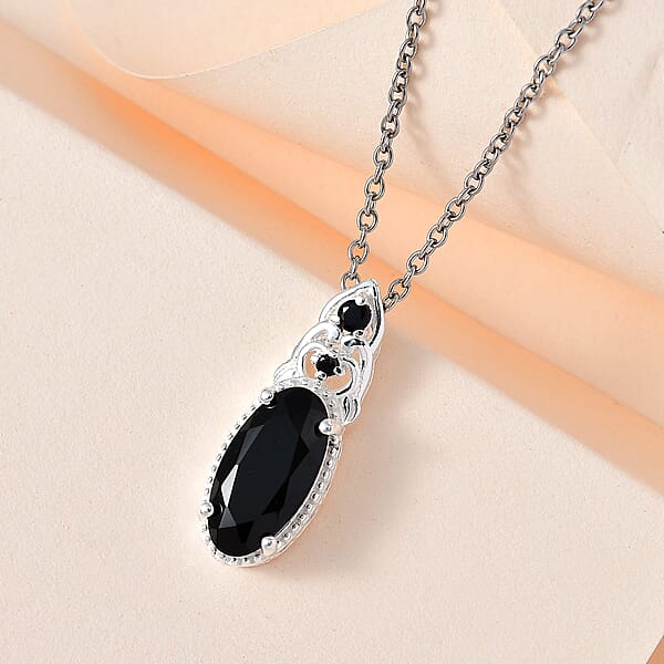 D'Joy Thai Black Spinel Magnetic Clasp Pendant In Sterling Silver And Stainless Steel Necklace 20 Inches 4.85 Ctw