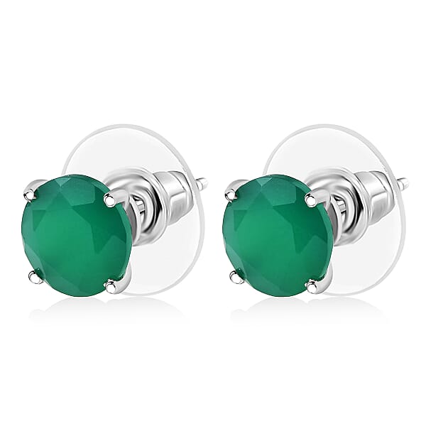 D'Joy Verde Onyx 3.60 Ctw Solitaire Stud Earrings In Rhodium Over Sterling Silver