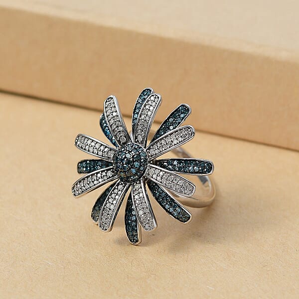 D'Joy White And Blue Diamond 1.50 Ctw Midnight Bloom Flower Ring In Rhodium Over Sterling Silver