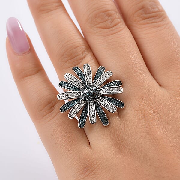 D'Joy White And Blue Diamond 1.50 Ctw Midnight Bloom Flower Ring In Rhodium Over Sterling Silver