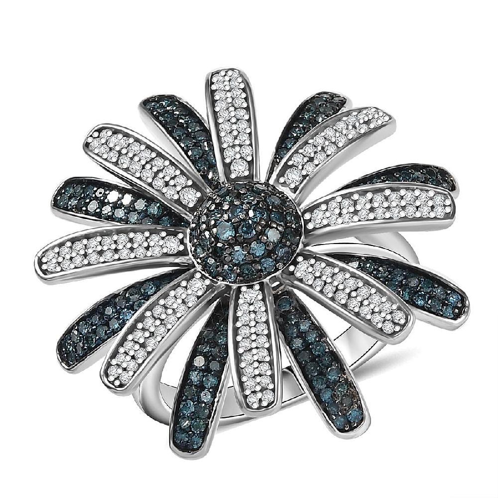 D'Joy White and Blue Diamond 1.50 ctw Midnight Bloom Flower Ring in Rhodium Over Sterling Silver