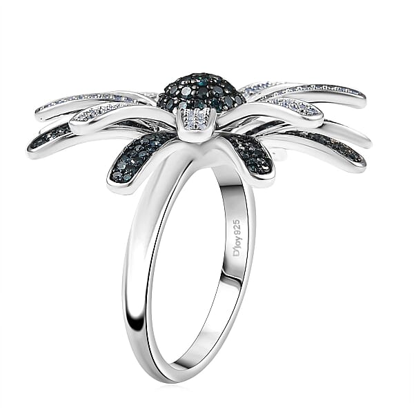 D'Joy White And Blue Diamond 1.50 Ctw Midnight Bloom Flower Ring In Rhodium Over Sterling Silver