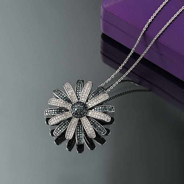 D'Joy White And Blue Diamond (IR) 1.50 Ctw Midnight Bloom Flower Pendant Necklace In Rhodium Over Sterling Silver 20 Inches