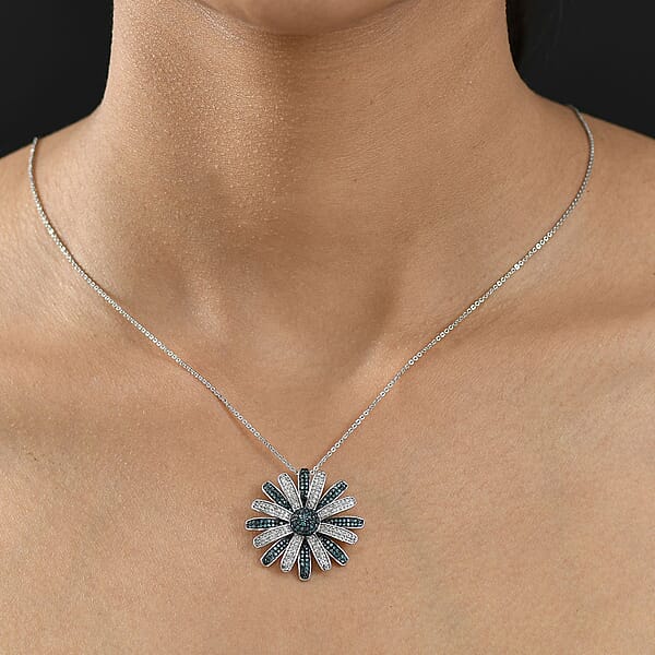 D'Joy White And Blue Diamond (IR) 1.50 Ctw Midnight Bloom Flower Pendant Necklace In Rhodium Over Sterling Silver 20 Inches