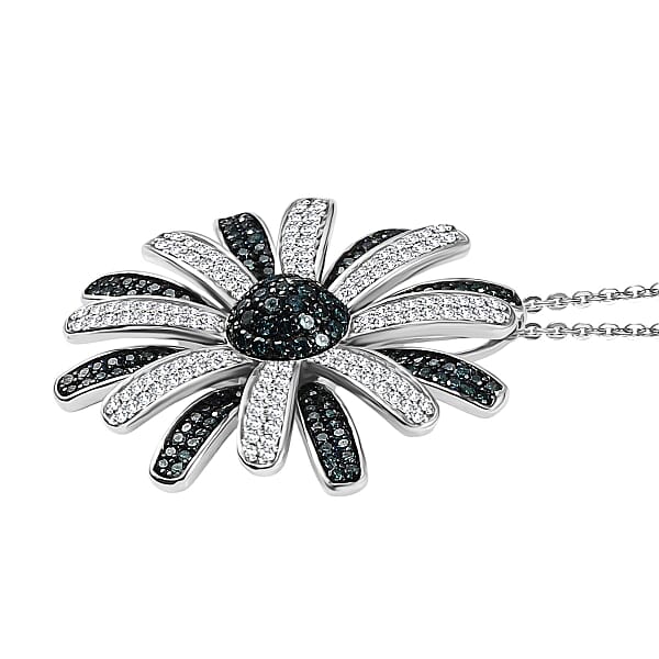D'Joy White And Blue Diamond (IR) 1.50 Ctw Midnight Bloom Flower Pendant Necklace In Rhodium Over Sterling Silver 20 Inches
