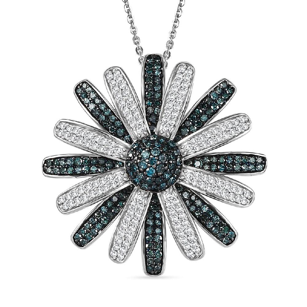 D'Joy White and Blue Diamond (IR) 1.50 ctw Midnight Bloom Flower Pendant Necklace in Rhodium Over Sterling Silver 20 Inches