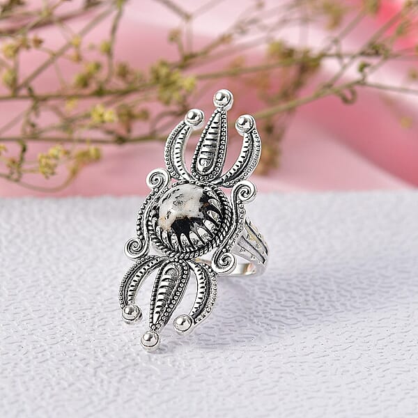 D'Joy White Buffalo Artisan Crafted Ring In Black Oxidised Sterling Silver 4.15 Ctw
