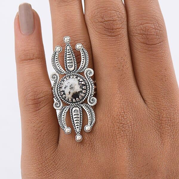 D'Joy White Buffalo Artisan Crafted Ring In Black Oxidised Sterling Silver 4.15 Ctw