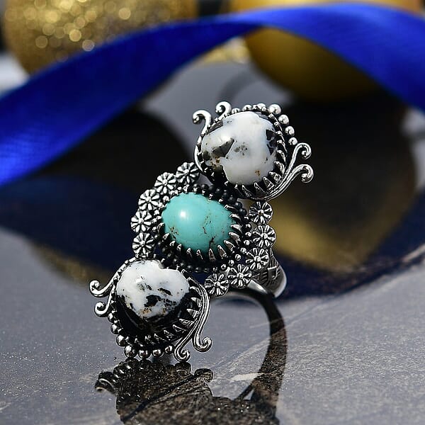 D'Joy White Buffalo Tahoe Nevada Turquoise Artisan Crafted Ring In Black Oxidised Sterling Silver 10.60 Ctw