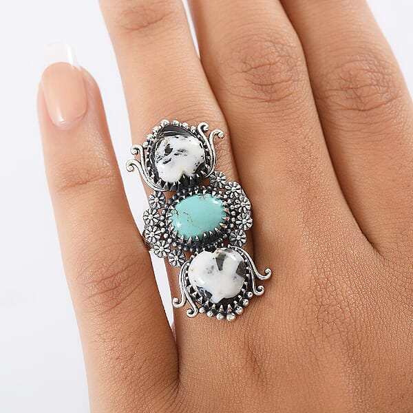 D'Joy White Buffalo Tahoe Nevada Turquoise Artisan Crafted Ring In Black Oxidised Sterling Silver 10.60 Ctw
