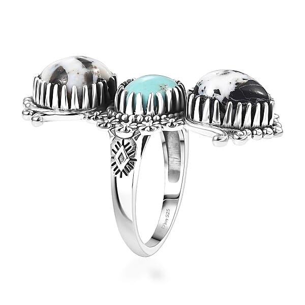 D'Joy White Buffalo Tahoe Nevada Turquoise Artisan Crafted Ring In Black Oxidised Sterling Silver 10.60 Ctw