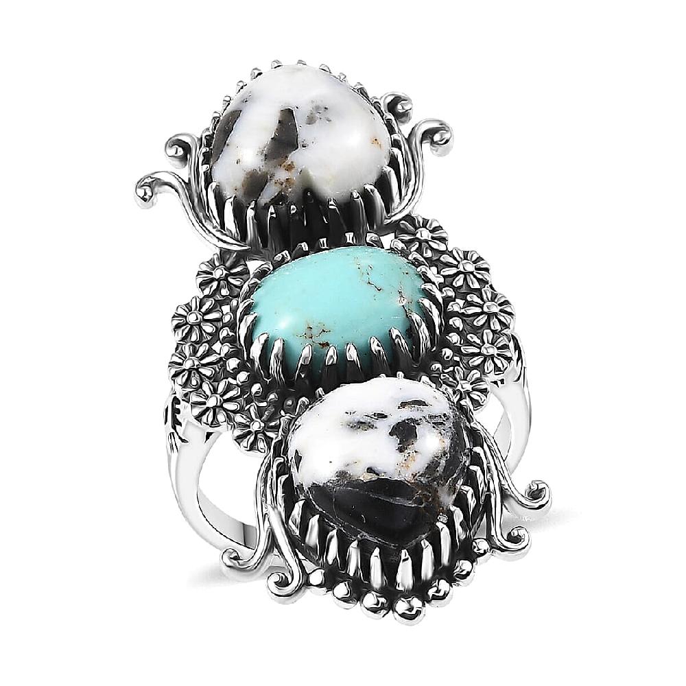 D'Joy White Buffalo Tahoe Nevada Turquoise Artisan Crafted Ring in Black Oxidised Sterling Silver 10.60 ctw