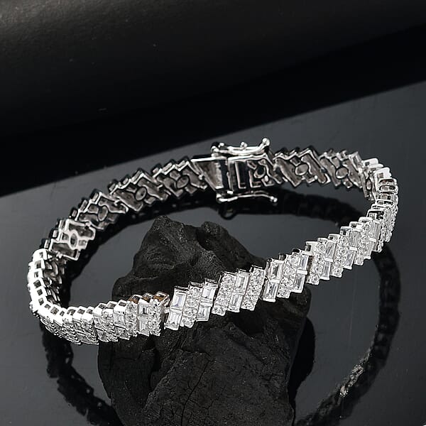 D'Joy White Zircon 12.10 Ctw Art Deco Bracelet In Rhodium Over Sterling Silver (7.25 In)