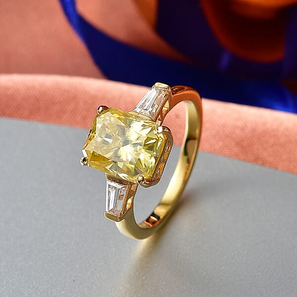 D'Joy Yellow And White Moissanite 3.80 Ctw Eternal Prism Ring In 18K Vermeil Yellow Gold Over Sterling Silver