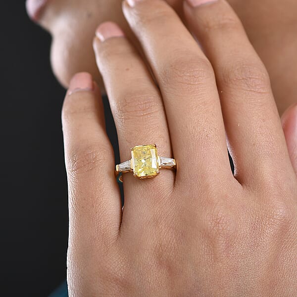 D'Joy Yellow And White Moissanite 3.80 Ctw Eternal Prism Ring In 18K Vermeil Yellow Gold Over Sterling Silver